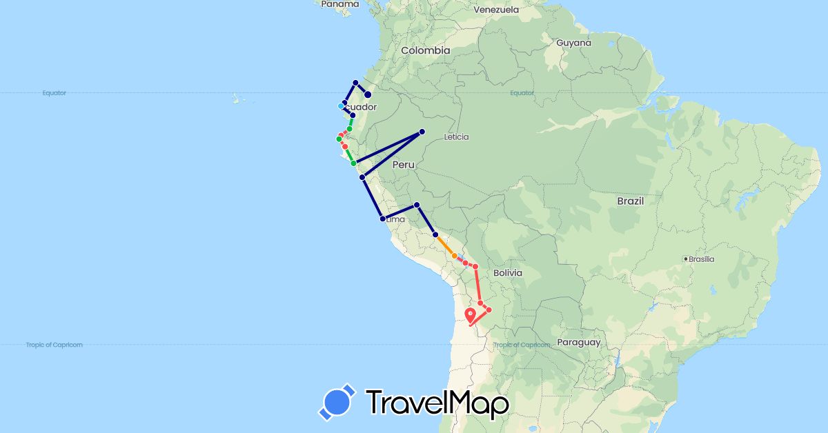 TravelMap itinerary: driving, bus, hiking, boat, hitchhiking in Bolivia, Chile, Ecuador, Peru (South America)